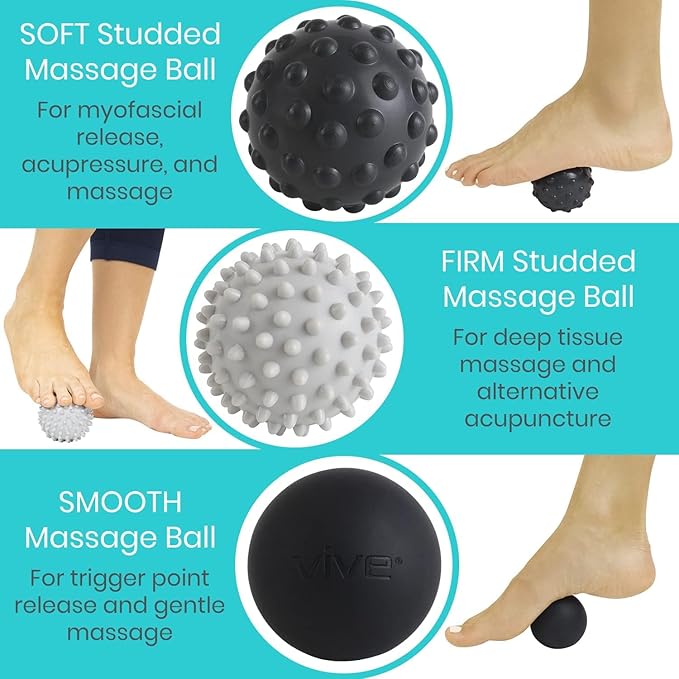 Vive Massage Ball Set (4 Piece) - Plantar Fasciitis Relief Foot Pain Hot Cold Therapy - Heel Spur, Sore Muscle, Trigger Point, Back, Arm, Neck, Shoulder, Leg Circulation Roller