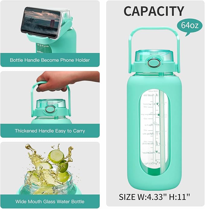 64oz Glass Water Bolttles with Straw Half Gallon Large Motivational Water Bottle with Time Marker Sports Water Bottles with Silicone Sleeve and Handle Lid Water Jug for Gym Workout