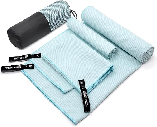 Eunzel Quick Dry Camping Towel, Microfibre Ribbed Towel Travel Towel 3 Sizes 1 Pack Fast Drying Towel Set for Camping, Beach, Gym, Sports, Yoga & Swimming Pool, Green