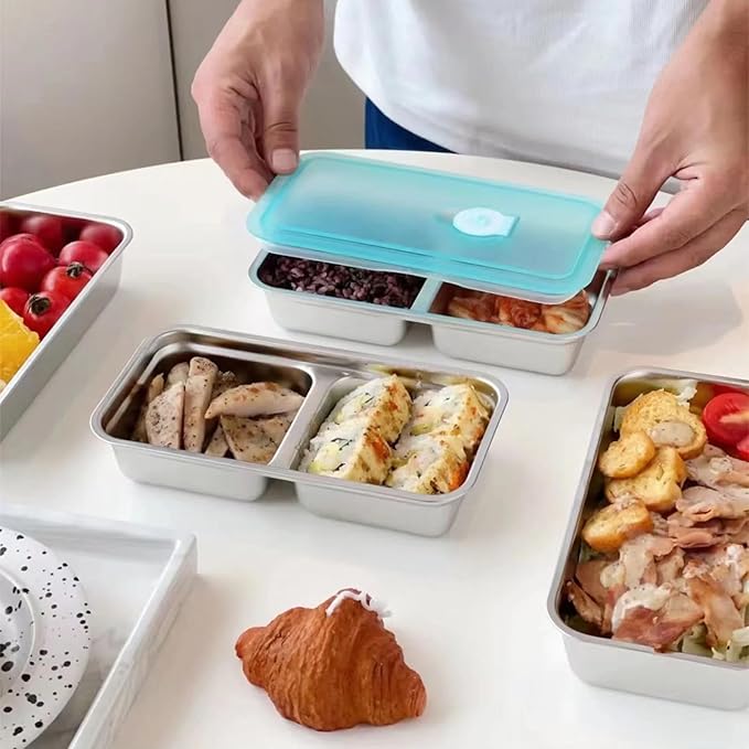 Stainless Steel Snack Containers for Kids and Adults [2/4/6-Pack Set] Reusable Food Storage Container Set with Lids-2 Compartment Bento Box for Lunch,Travel, Meal Prep- Leakproof & Dishwasher Safe(2)