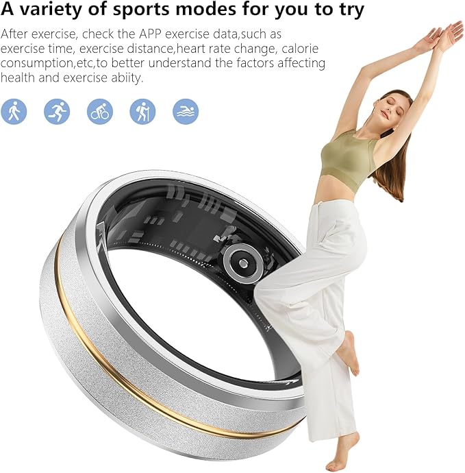 Fitness Tracker Smart Ring,Step Counter,Heart Rate Blood Oxygen Sleep Tracker Health Ring, 5ATM Waterproof Long Battery Life Smart Rings Compatible with iOS & Android (Silver with Middle Gold, US 10)