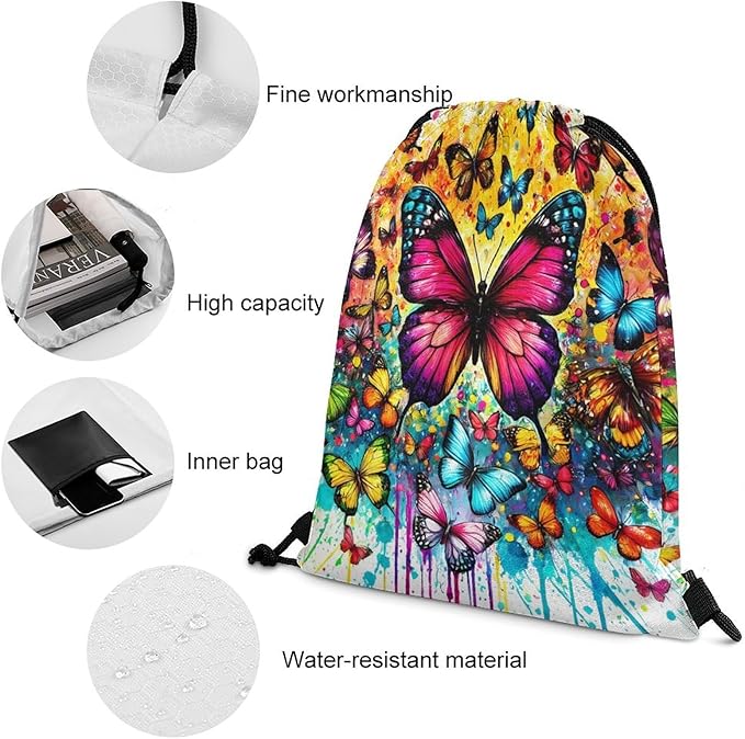 Butterfly Drawstring Backpack - Cute Cinch Sack, String Backpacks for Kids Boys Girls Women Men for Gym Outdoor Sports Travel Athletic Drawstring Bag - Lightweight/Foldable