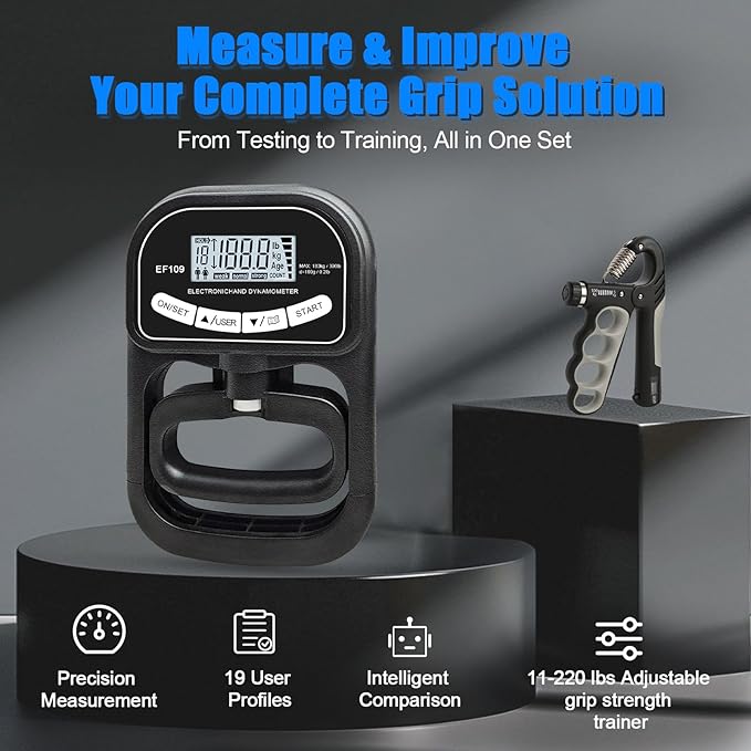 Grip Strength Tester 396 lbs/180 kg with Backlit LCD Display, Digital Hand Grip Dynamometer Records Up to 19 Users, Adjustable Grip Strength Trainer 11–220 lbs for Sports, Rehab, Home & School Use