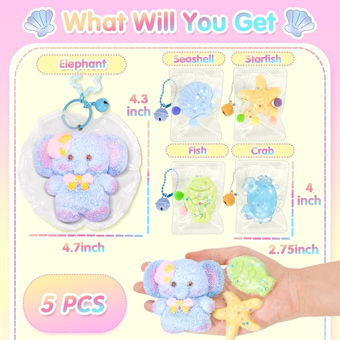 Squishies Toys Set 5PCS, Squeeze Toys Soft Elephant Starfish Seashell Crab Sensory Fidget Toys for Stress Anxiety Relief, Sticky Toys Party Favors Birthday for Boys and Girls