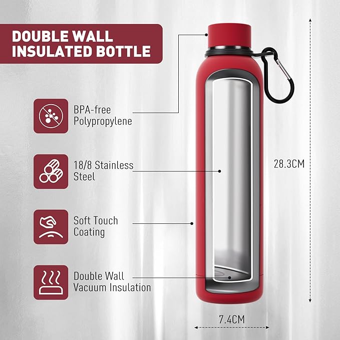 Slim Insulated Water Bottles for Travel 25oz with Clip, Double Wall Vacuum Stainless Steel Water Bottle Keeps Drinks Cold 24 Hrs/Hot 12 Hrs, 100% Leakproof, BPA Free（Red）