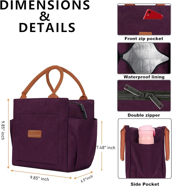 Joymee Lunch Bag Women Insulated Lunch Box Reusable Leakproof Large Spacious Cooler Tote for Women Men Adult with Bottle Holder and Side Pockets for Work Office Travel Picnic - Dark Purple