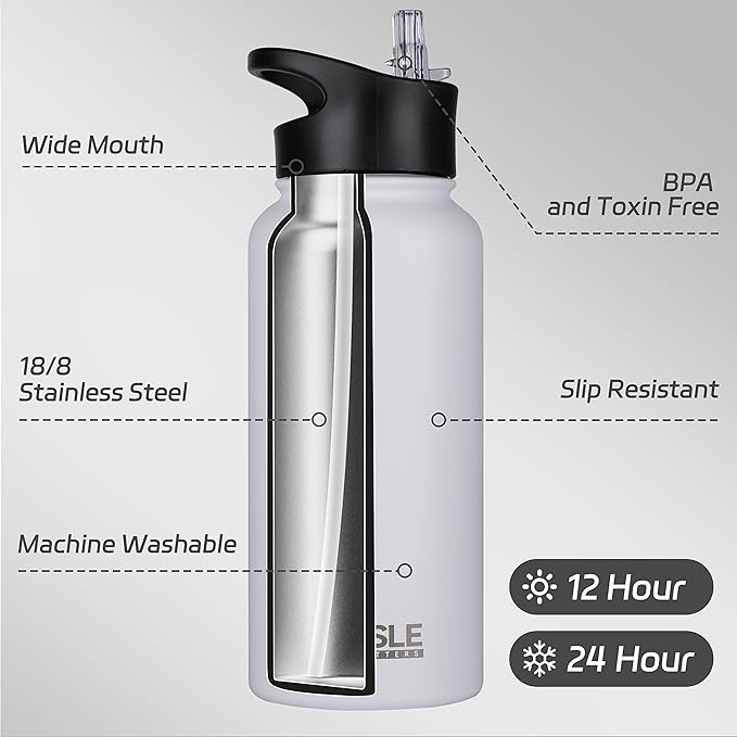 HASLE OUTFITTERS 32 oz Insulated Water Bottle Stainless Steel Double Walled Vacuum Sports Water Bottle with 2 Lids (Straw and Spout Lid) for Gym Camping Hiking(White,1)
