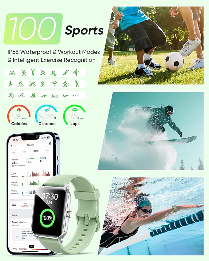 Fitpolo Smart Watch for Men Women Android, Alexa Built-in [1.8" HD Screen] IP68 Waterproof Fitness Watch Bluetooth Call for Android & iPhone with Heart Rate/Sleep/SpO2 Monitor - Green