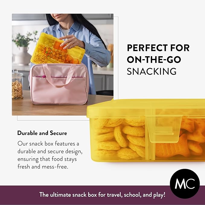 Large Kids Snack Box Containers Set of 2 -100 Labels, BPA-Free, Adjustable Compartments, Dishwasher Safe, Reusable Tray, Food Grade, Meal Prep Container, PARENT TESTED PARENT APPROVED AWARD (Yellow)