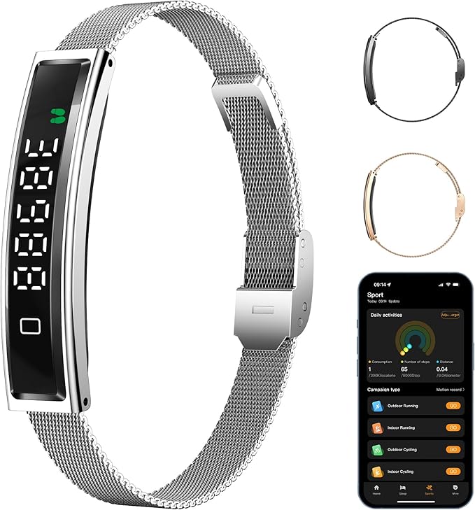 Smart Bracelet,Activity&Fitness Trackers,Touch Screen/Sleep Tracker/Heart Rate/Blood Oxygen,5ATM Waterproof,Multiple Sports Modes,Free App for iOS Android (Steel Belt, Silver)