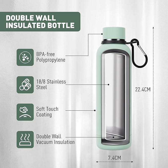 Slim Insulated Water Bottles for Travel 18oz with Clip, Double Wall Vacuum Stainless Steel Water Bottle Keeps Drinks Cold 24 Hrs/Hot 12 Hrs, 100% Leakproof, BPA Free(Mint)