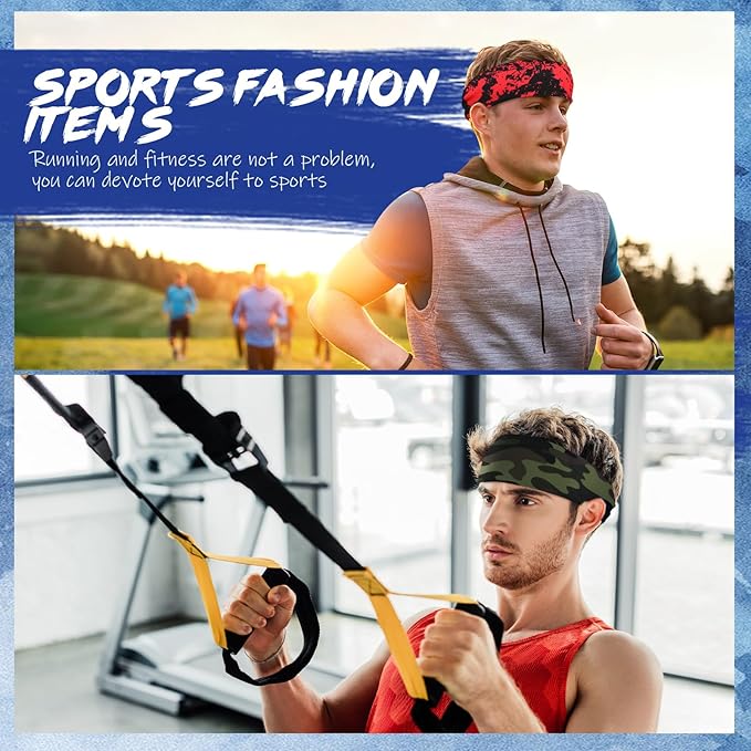 18 Pcs Sports Sweatbands for Men Women Camo Headbands Workout Non Slip Headbands Breathable Head Band Fitness Stretchy Unisex Hairband for Yoga Running Cycling Ball