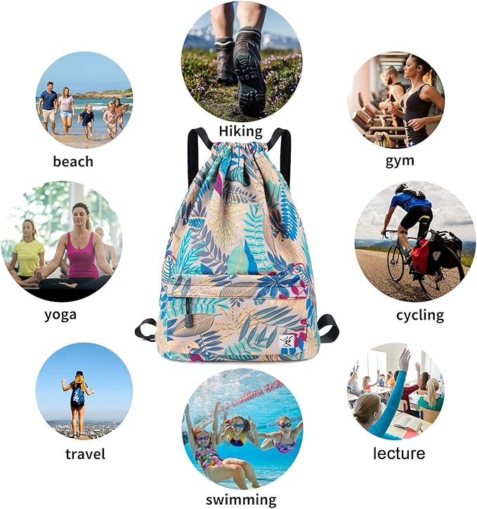 Drawstring Backpack with Mesh Pockets String Gym Bag Sackpack Sandproof Water Resistant Beach Backpack for Men Women