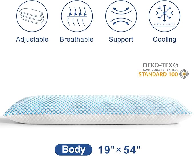 EASELAND Firm Body Pillow Shredded Memory Foam(Adjustable Loft), Cooling Breathable for Sleeping Full Body Size 1 Pack
