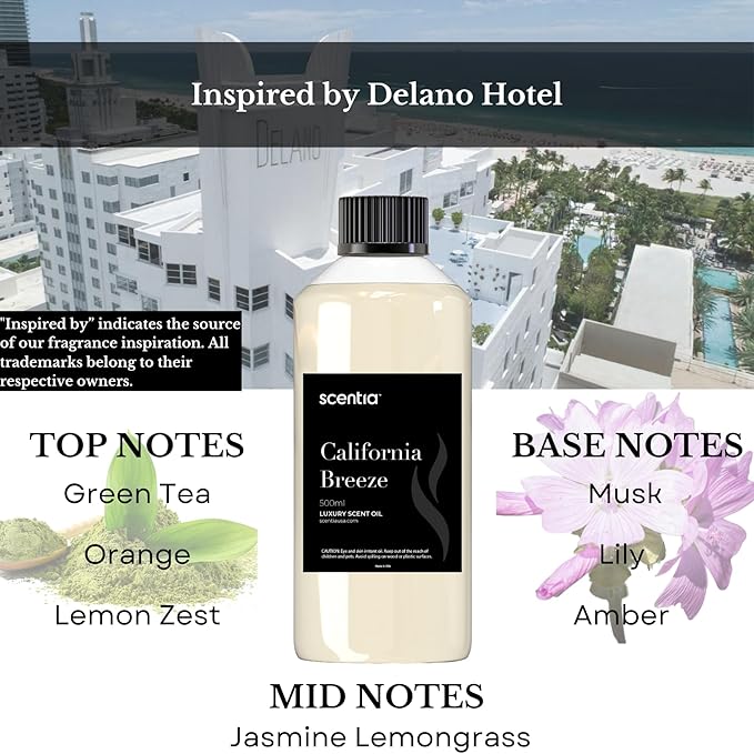 Scentia Hotel Diffuser Oil Inspired by The Delano Beach Club Hotel Scent - 50 mL 1.69 fl oz - Fragrance Oil Blend Orange, Green Tea & Jasmine for Aromatherapy Diffusers - California Breeze