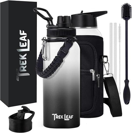 Travel Water Bottle with 3 Lids (Spout, Straw, Flip) Leak Proof, Quality, Vacuum Insulated, Stainless Steel (Day & Night, 32 oz)