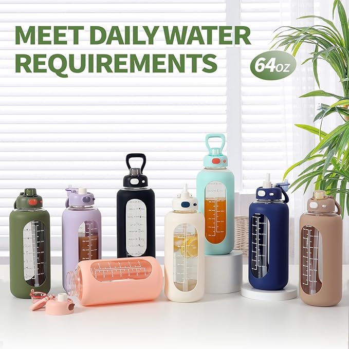 SIEROZUR 64 oz Glass Water Bottle with Straw and Handle Large Sports Motivational Water Bottle Flask with Time Marker Leakproof Water Jug with Silicone Sleeve for Gym