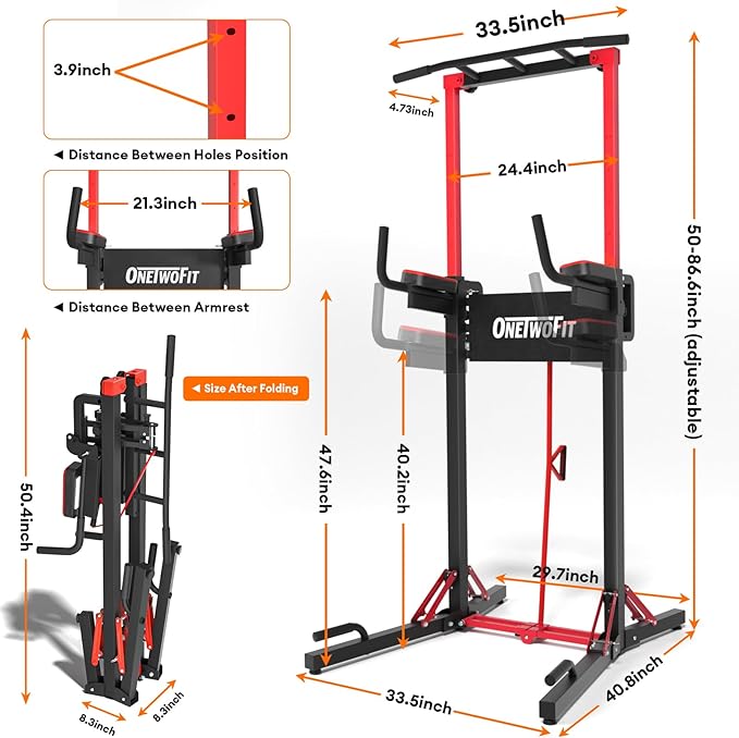 ONETWOFIT Foldable Power Tower Pull Up Bar Station, Multi-Function Adjustable Height Dip Station for Home Gym Workout, Strength Training Fitness Equipment, Pull Up Stand