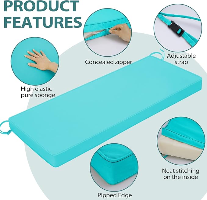 Outdoor Bench Cushions 42 x 18 x 3 Inch with Ties, Thick Waterproof Porch Swing Cushions for Patio Furniture Chair Pad, Seat Sofa Garden Replacement Cushion Sponge Filling