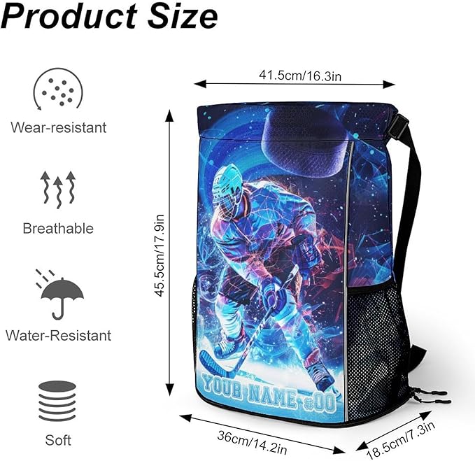 Custom Hockey Drawstring Backpack - Cool Cinch Sack, String Backpacks with Pocket for Kids Women Men Boys Girls for Gym Outdoor Sports Travel Athletic Drawstring Bag - Lightweight/Foldable