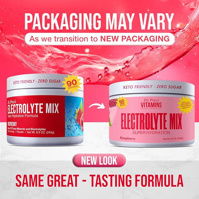 Dr. Price’s Electrolyte Mix | Sugar-Free Hydration Powder with 72+ Trace Minerals | No Sugar, Fast-Dissolving Electrolytes Powder Packets | Raspberry, 90 Servings