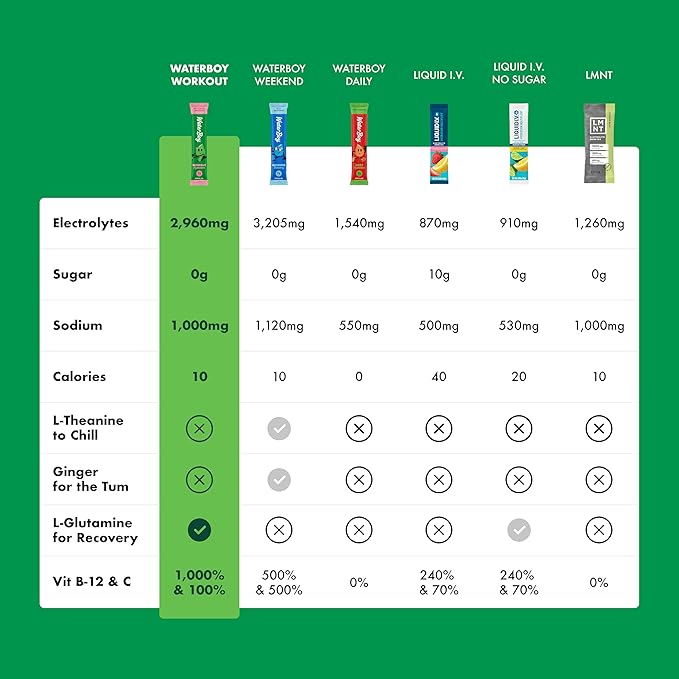 Waterboy Workout Hydration | 2,960mg Sugar Free Electrolyte Powder Packets | L-Glutamine + Vitamins | No Sugar, All Natural, Gluten Free | 15 Drink Stick Mixes (Fruit Punch)