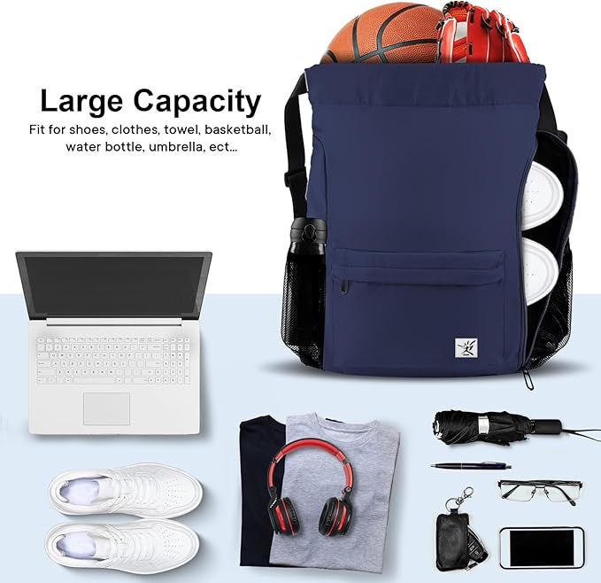 Drawstring Backpack with Mesh Pockets String Gym Bag Sackpack Sandproof Water Resistant Beach Backpack for Men Women