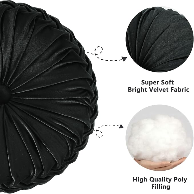 HIG Set of 2 Decorative Round Pleated Throw Pillows, Classy Accent Pumpkin Throw Pillows with Center Button, Vintage Velvet Floor Pillows for Sofa Vanity Chair Bed, Black, 14.5" Diameter(Ripple)