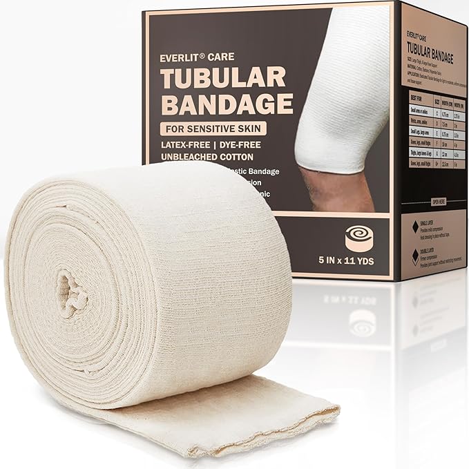 EVERLIT 560D Cotton Blend Elasticated Tubular Support Bandage | Latex-Free, Extra-Thick Breathable Stockinette for Arm, Knees, Legs | Moderate to High Compression for Sensitive Skin | 5" x 11 yd