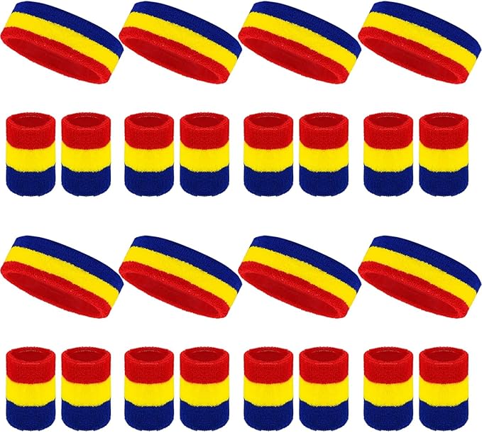 24 Pcs Neon Sweatbands Set Include 8 Pcs Sports Headband and 16 Pcs Cotton Wristbands 80s Neon Sweat Bands Bulk for Gym, Tennis, Basketball, Running, Exercise
