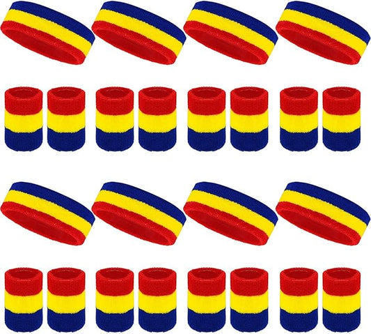 24 Pcs Neon Sweatbands Set Include 8 Pcs Sports Headband and 16 Pcs Cotton Wristbands 80s Neon Sweat Bands Bulk for Gym, Tennis, Basketball, Running, Exercise