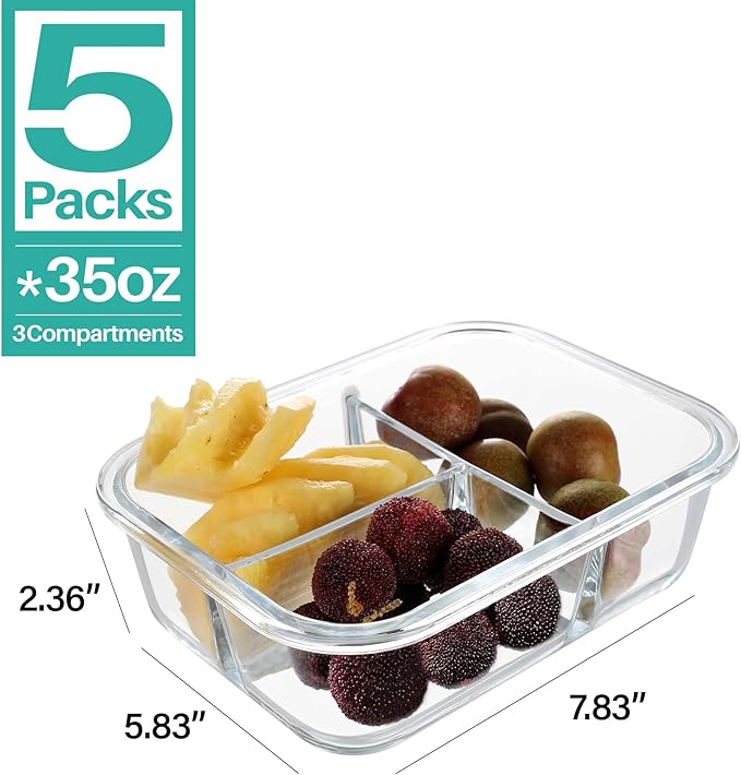 BAYZZ 5 Pack 35 Oz Glass Meal Prep Containers 3 Compartments, Glass Food Storage Containers, Lunch Bento Box with Airtight Lids, Microwave, Freezer & Dishwasher Safe, Green