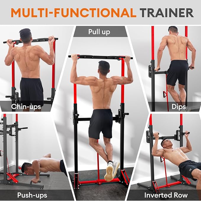 ONETWOFIT Foldable Power Tower Pull Up Bar Station, Multi-Function Adjustable Height Dip Station for Home Gym Workout, Strength Training Fitness Equipment, Pull Up Stand