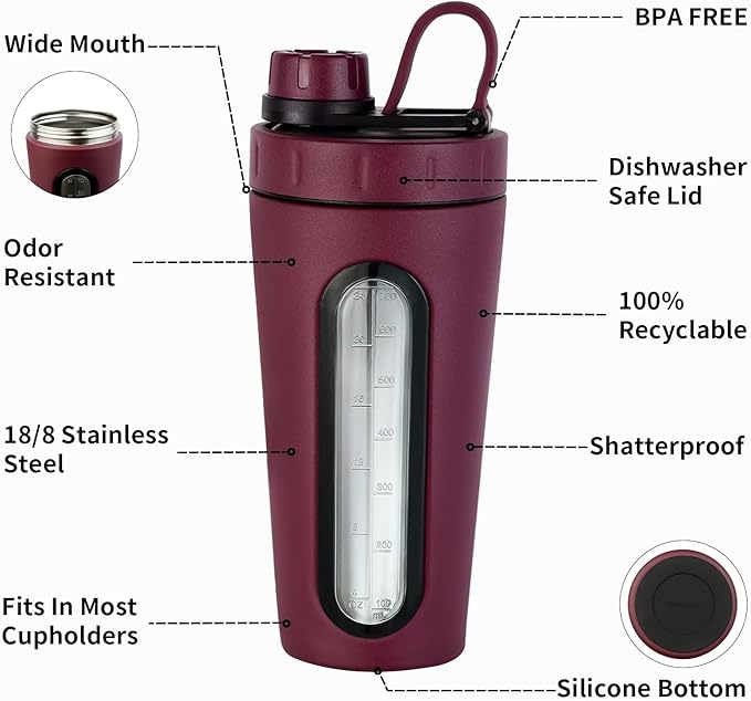 TOOFEEL Protein Shaker Bottle 28 oz - Stainless Steel Shaker Cups for Protein Mixes, Not Stays Cold/Hot, Visible Window Bottle Shaker with 2 Shaker Balls, Fitness Exercise Metal Shaker Bottle
