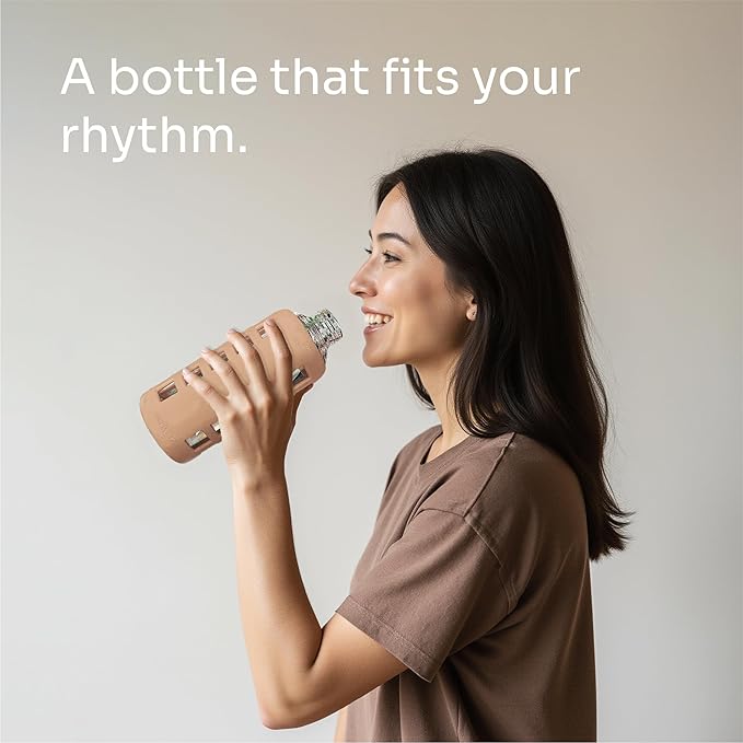 purifyou 40oz / 32oz / 22oz / 12oz Borosilicate Glass Water Bottle with Time & Volume Markers, Silicone Sleeve, Stainless Steel Lid | Reusable Glass Bottle for Water & Juice (22oz Iced Coffee)