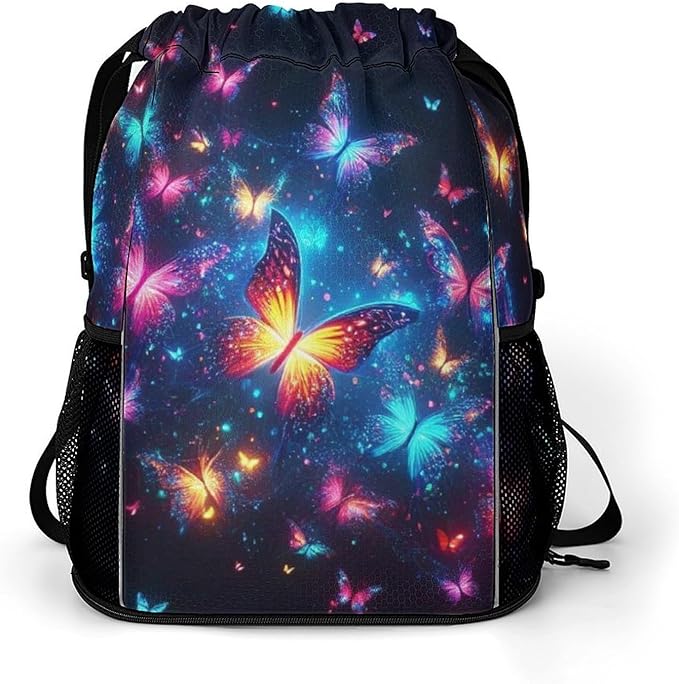 Butterfly Drawstring Backpack - Cute Cinch Sack, String Backpacks with Pocket for Kids Boys Girls Women Men for Gym Outdoor Sports Travel Athletic Drawstring Bag - Lightweight/Foldable