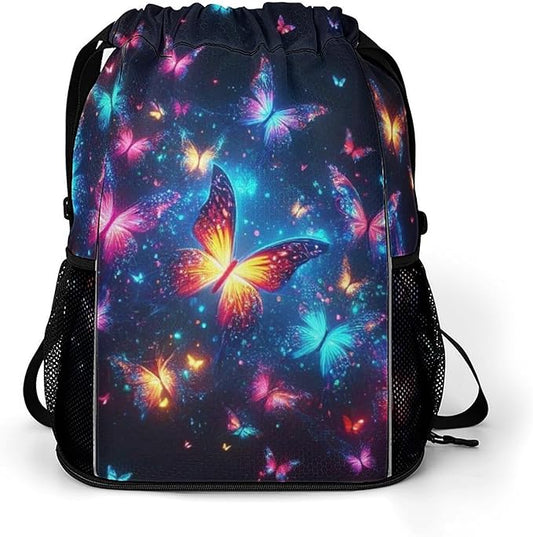 Butterfly Drawstring Backpack - Cute Cinch Sack, String Backpacks with Pocket for Kids Boys Girls Women Men for Gym Outdoor Sports Travel Athletic Drawstring Bag - Lightweight/Foldable