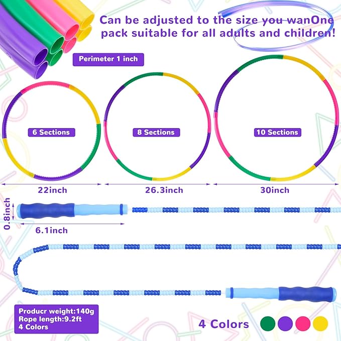 8 Pcs Toy Hoop and Jump Rope Set for Kids Include 4 Skipping Rope and 4 Detachable Weight Size Hoop Gymnastic Fitness Exercise Gift Equipment