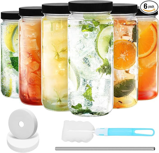 6pcs 18oz Glass Juice Bottles with Lid, Clear Water Bottle Drink Containers with Caps, Reusable Tall Mason Jar for Drinking, Smoothie and Other Beverages BPA Free 100% Leak Proof Drinking Jar