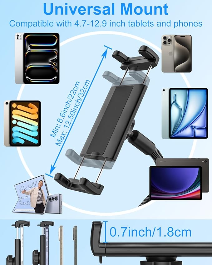 Gooseneck Tablet Holder for Bike, Motorcycle, Wheelchair, Treadmill, Exercise Bicycle, Scooter, Stroller, Handlebar Tablet Mount for iPad Pro, Air, Mini, Galaxy Tabs, 4.7-12.9" Tablet & Phone