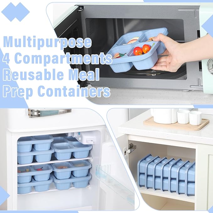 12 Pcs 4 Divided Compartments Snack Containers Bento Wheat Straw Snack Box with Lid Reusable Meal Prep Lunch Box Food Storage Containers for Adults Travel Work(Blue)