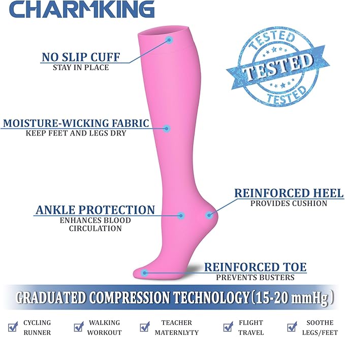 CHARMKING Compression Socks for Women & Men Circulation (8 Pairs) 15-20 mmHg is Best Support for Athletic Running,Hiking