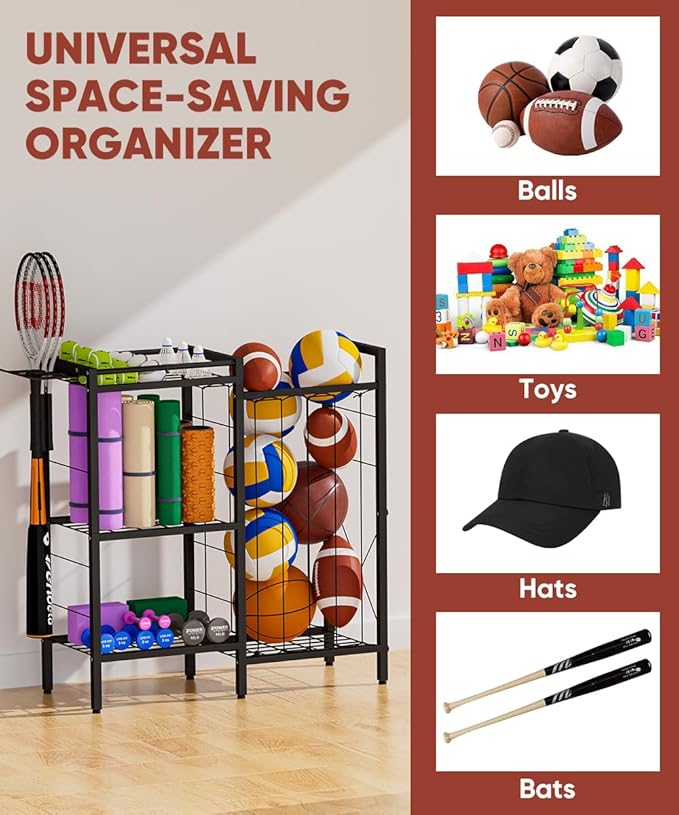 3 Tiers Dumbbells Yoga Mat Storage Rack with Elastic Straps for Kettlebells Foam Roller Resistance Bands Balls, Workout Equipment Organizer Weight Storage Holder with Hooks for Home Gym