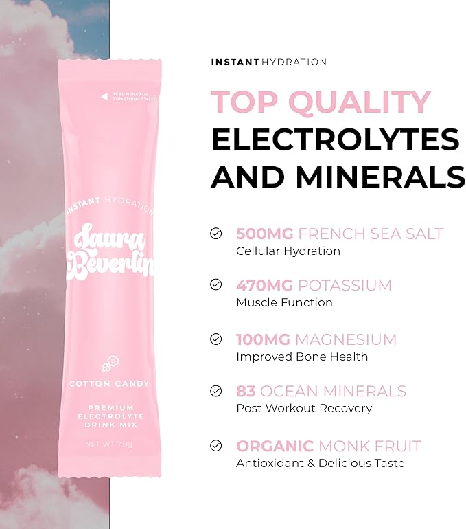Instant Hydration Electrolytes Powder Packets - Cotton Candy Drink Mix - Zero Sugar - Keto, Vegan, Gluten-Free, Non-GMO - Boost Recovery, Brain Health, Muscle & Tissue Support- 30 Sticks