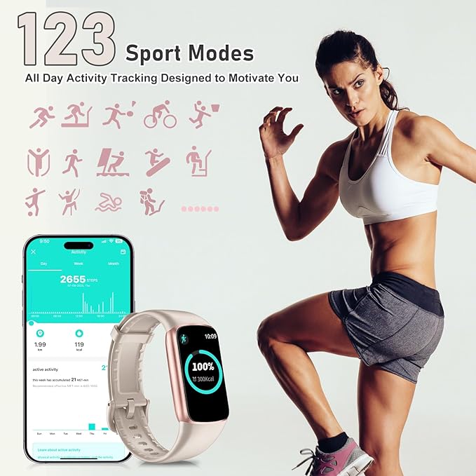 Fitness Tracker with 24/7 Heart Rate, Blood Pressure Blood Oxygen Sleep Monitor, 123 Sports Modes Calories Smart Watch,IP68 Waterproof Step Counter Activity Trackers Pedometer for Women Men (Beige)