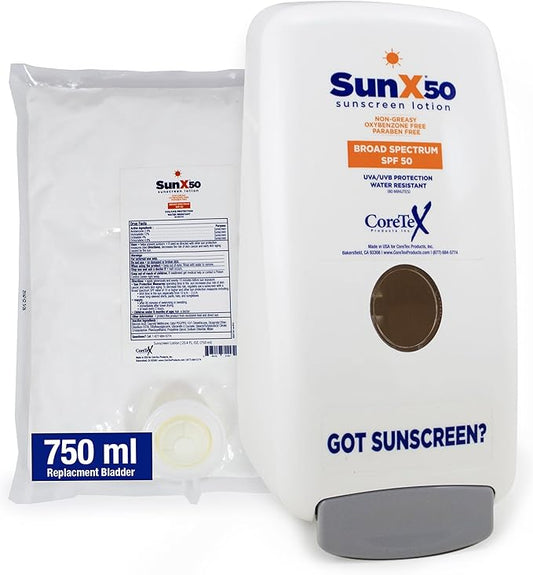 CoreTex Sun X 50 750mL Sunscreen Lotion Bladder & Wall Mount Dispenser - Paraben, Oxybenzone, Octinoxate, & Oil Free - Broad Spectrum (UVA/UVB) Sunscreen - Water & Sweat Resistant Up to 80 Minutes