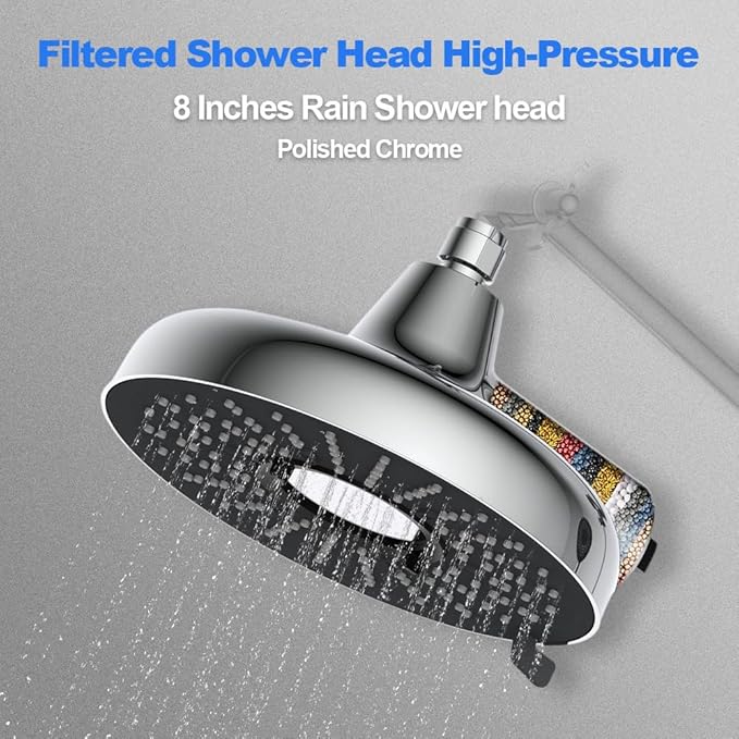 Filtered Shower Head 8 Inch - High Pressure Fixed Rain Showerhead with 18-Stage Filter for Hard Water Softener - Reduces Chlorine and Heavy Metals (Chrome）