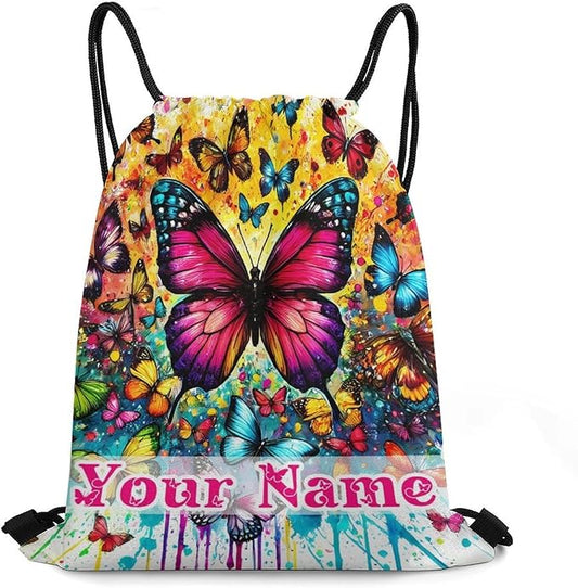 Custom Butterfly Drawstring Backpack - Cute Cinch Sack, String Backpacks for Kids Boys Girls Women Men for Gym Outdoor Sports Travel Athletic Drawstring Bag - Lightweight/Foldable