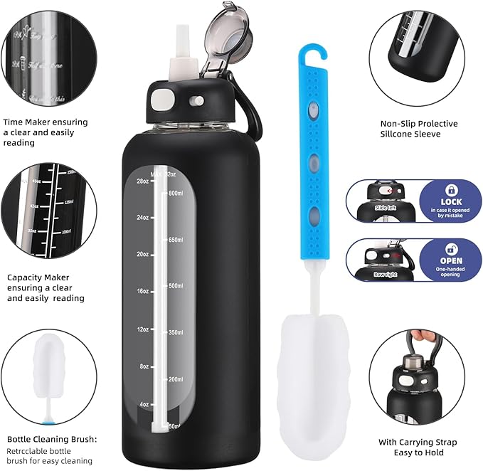 SIEROZUR 32 Glass Water Bottle with Straw and Handle Motivational Water Bottles with Silicone Sleeve and Time Marker Leakproof Borosilicate Water Bottle for Gym Home Office