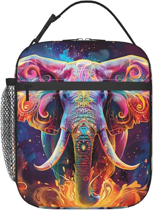 Colorful Elephant Lunch Box for Women Girls Kids, Insulated Cooler Vibrant Elephant Lunch Bag for School, Picnic, Office, Work, Travel, Portable Polyester Thermal Reusable Tote Lunch Bags